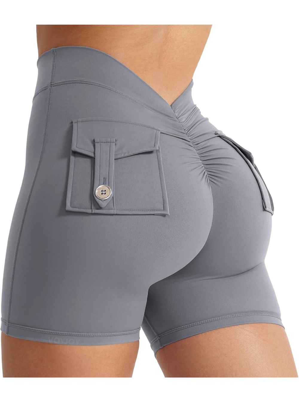 Viral Yeoreo High-Waist Scrunch Back Gray workout Shorts with flap pockets L